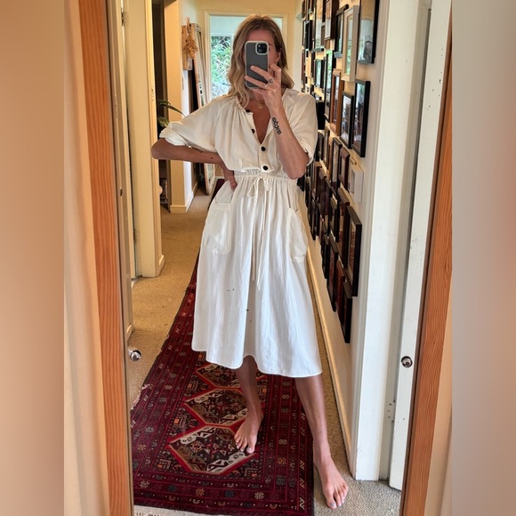 Zara Ecru Off White Cream Button Up Down Drawstring Pocket Linen Midi Dress - Picture 3 of 16